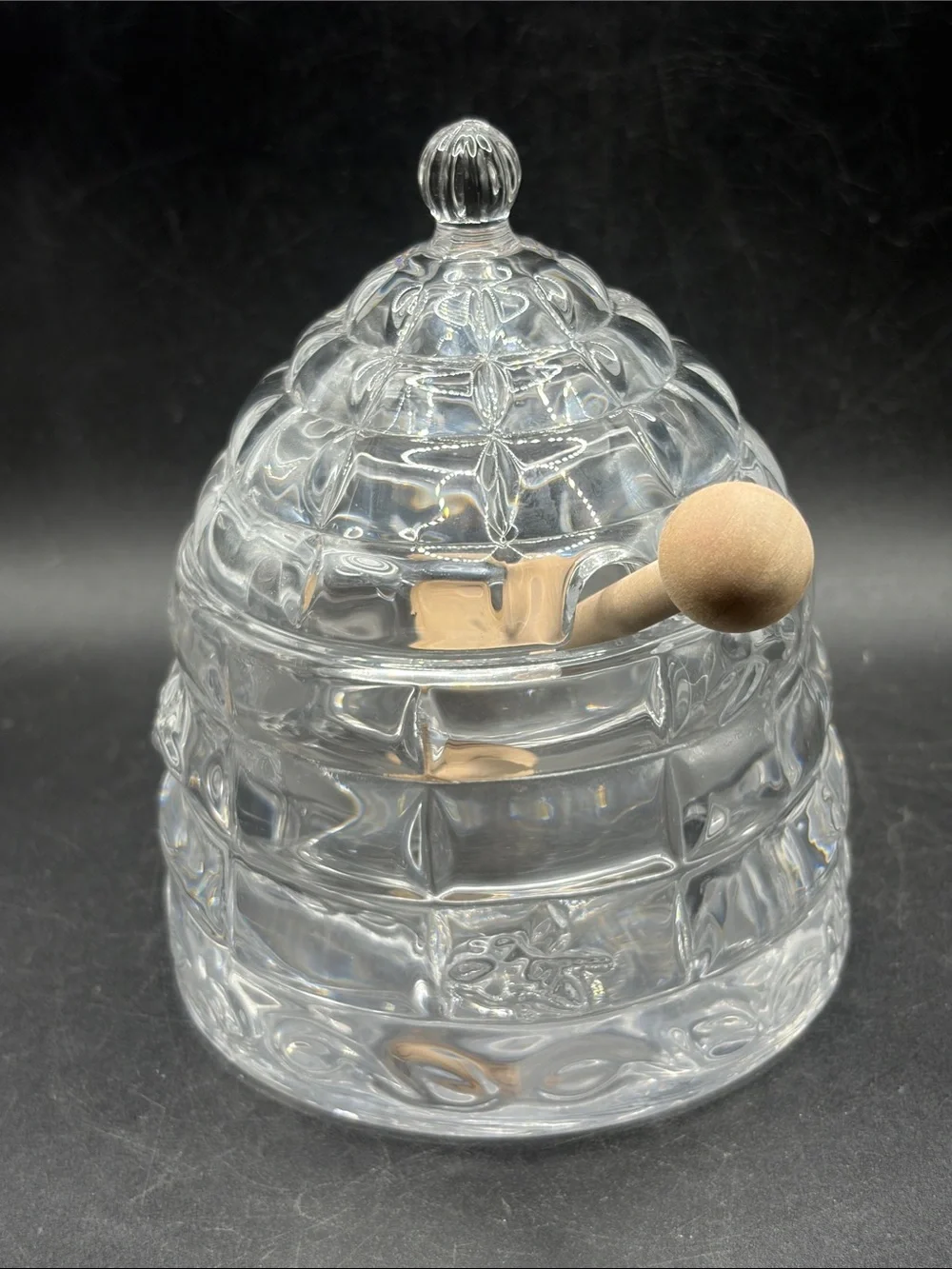 Crystal Beehive Honey Jar with Wooden Honey Dipper, Lidded Cottagecore Bee Jar